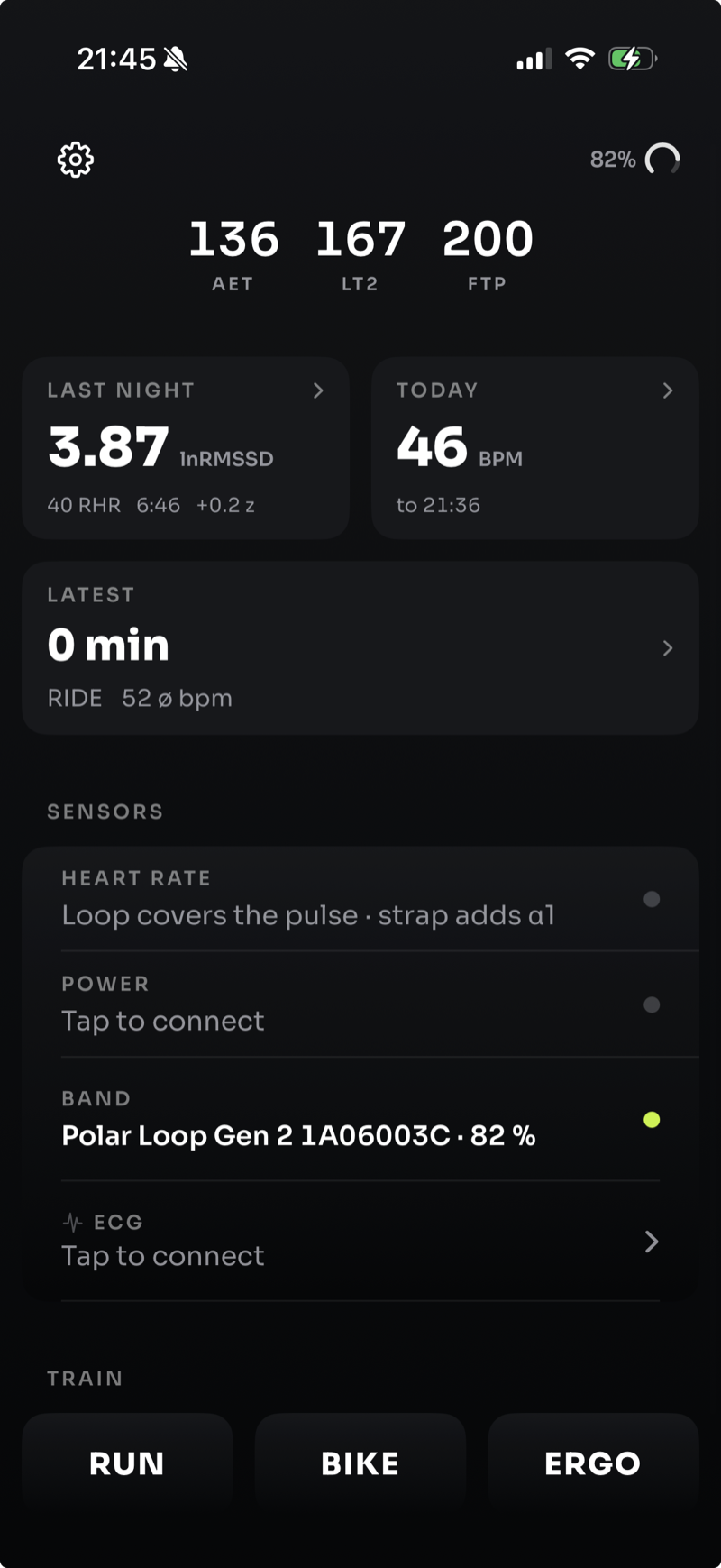 Ampulse dashboard showing last night, today, recent training and connected sensors