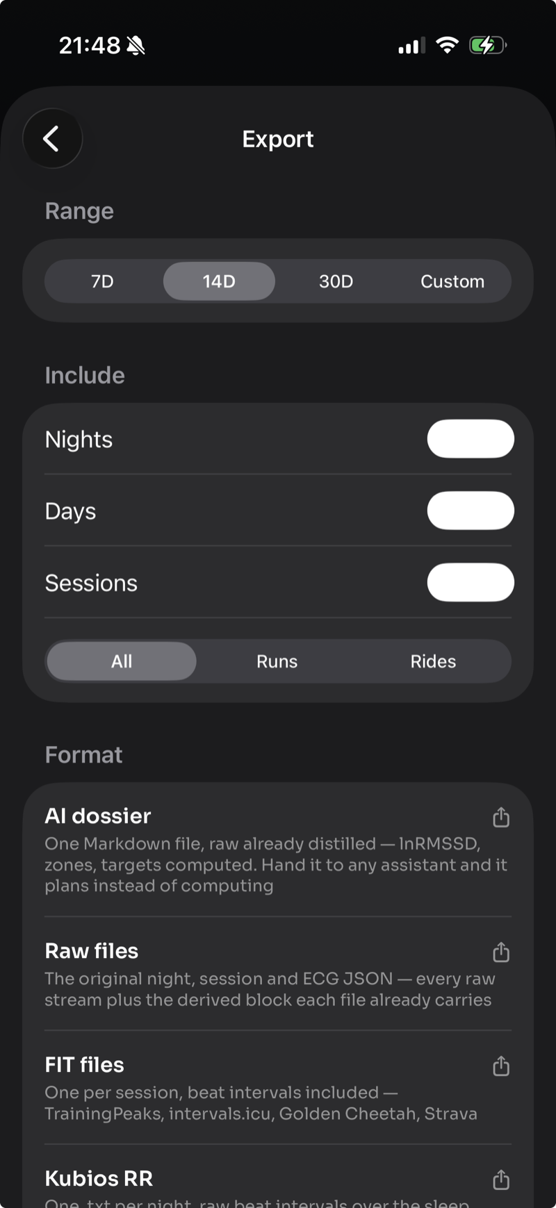 Ampulse export screen with range, include toggles and formats: AI dossier, raw files, FIT files, Kubios RR
